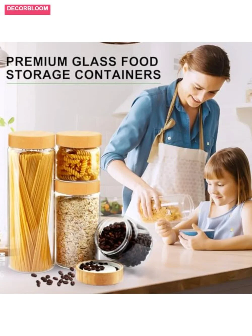 Airtight Glass Storage Jar Set with Bamboo Lids, 5-Piece Canisters for Kitchen